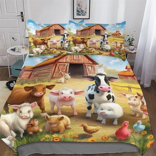 PAZZK Bauernhoftier Bettwäsche Set ; Bettbezüge Mit 3D Muster; Für Jungen Mädchen Atmungsaktive Microfaser Bettbezug Mit Reißverschluss Und Kissenbezug Single (135x200cm)