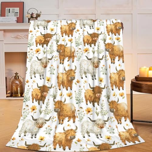 Zltegako Hochlandkuhdecke, Kuh-Geschenk, superweich, gemütlich, Fleece, niedlicher Kuhdruck, Überwurfdecke, Plüsch, Bettwäsche, Dekoration, Bauernhof, Landhaus-Rinderdecke für Jungen, Mädchen, Kinder,