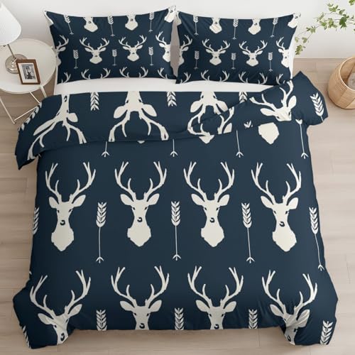 Quixora Bettwäsche-Set, Tier Hirschkopf Pfeil Bettwäsche-Set für Jungen und Mädchen, Modernes Bettdecken-Set mit 2 Kissenbezügen- Raumdekoration- 3-teilig, Dunkelblau