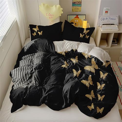 Freyamy Bettwäsche Set 135x200 cm 4-teilig, Elegantes Bettwäsche mit Goldenen Schmetterlingen, Weich Schwarz Bettwäsche Set, 2 Bettbezüge mit Reißverschluss + 2 Kissenbezüge 80x80 cm