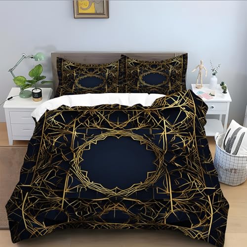 Bettwäsche 200x200 für goldenes Muster,Blau Bettbezug 3 Teilig, Mikrofaser 200x200 Bettwäsche Set Weicher Atmungsaktive, Bettbezüge mit Reißverschluss Schließung und 2 Kissenbezug 80x80 cm-Blau A307