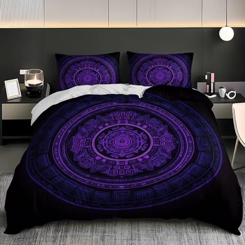 Bettwäsche-Sets 135x200 cm mit 2 Kissenbezug 80x80 - Lila Mandala-Muster Atmungsaktive Bettbezug mit Reißverschluss, Weich und Bügelfrei 3 teilig Schwarz Bettbezüge für Kinder Erwachsene