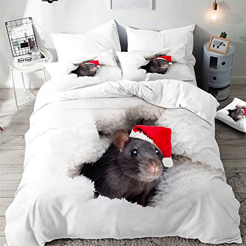 Morbuy Tierdruck Bettbezug Bettwäsche Set - 3D Erwachsene Kinder Bettwäsche-Set, Mikrofaser Weiche Bettbezug mit Reißverschluss und Kissenbezüge (200x200cm,Weihnachtsmaus )