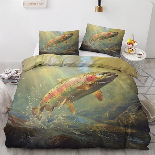 Bettwäsche 135x200 Fisch Motiv - Forelle Wildlife Angeln Bettbezug und 1 Kissenbezug 80x80, Weiche Bügelfreie Mikrofaser Deckenbezug 2er Set mit Reißverschluss, Wendebettwäsche & Deko M&-1350
