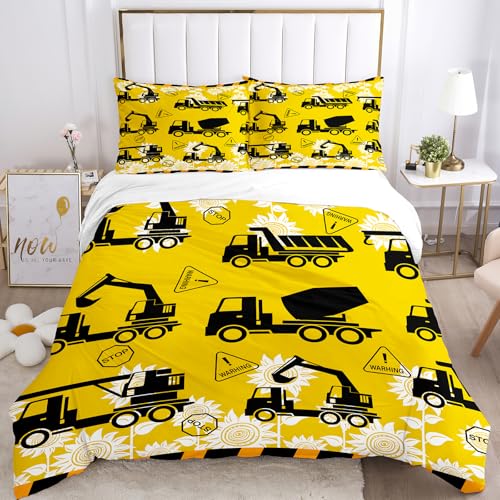 BDKCYO Cartoon Bagger Bettwäsche,Kinder Baufahrzeuge Bettbezug,Gelbe Cartoon Bettwäsche mit kopfkissenbezug für Jungen und Kinder (135x200cm, D)