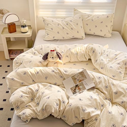 Nayoroom Bettwäsche 135x200 Mädchen Schwarz Weiß Schleifen Punkte Aesthetic Bettbezug 2teilig Kawaii Schleifenmuster Microfaser Einzelbett Deckenbezug mit Reißverschluss und Kissenbezug 40x80cm