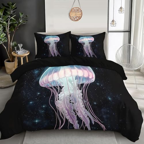 DLERFLOVR Bettwäsche 135x200cm 3tlg - Leuchtende Quallen Bettwäsche Set - Universum Bettbezug Bügelfrei & Knitterfrei Wendebettwäsche mit Reißverschluss Und Kissenbezug