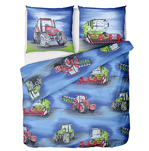 LINKHOFF Traktor Bettwäsche 135x200 Jungen 2tlg | Mähdrescher & Traktoren Bettwäsche-Set für Kinder | Trecker Kinderbettwäsche | Biber Qualität 100% Baumwolle