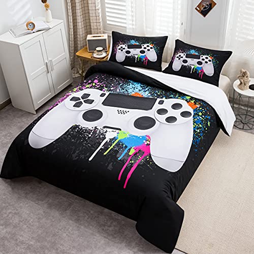 Tbrand Gamepad Bettbezug Set Jungen Jungs Gamer Bettwäsche Set 135x200cm Weißes Videospiel Gamepad Betten Set Für Jugendliche Kinder Schlafzimmer Dekor Bunte Krawattenfarbe Modern Game Controller