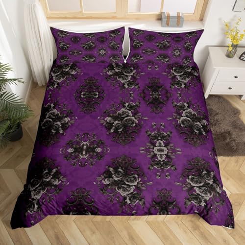 Homewish Violett Damask Gotische Rose Schwarz Frauen Bettwäsche 155x220 Paisley Blumenblumen Bettbezug Viktorianisch Romantisch Bettwäsche Set Erwachsene Mädchen Bedding Mikrofaser Wohndekor 2 Teilig