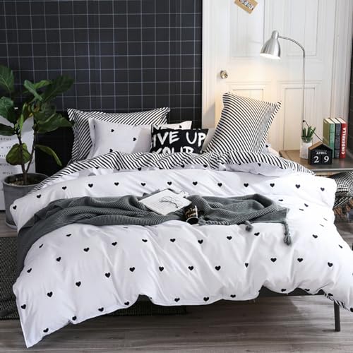 Freyamy Bettwäsche 200x220cm 3teilig Weiß Schwarz Herz Bettwaren-Sets Gebürstet Microfaser Weiche Wendebettwäsche Romantisch Doppelbett Bettbezug mit Reißverschluss und 2 Kissenbezug 80x80cm