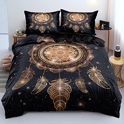 Boqingzhu Bettwäsche Boho 135x200cm Schwarz Gold Traumfänger Federn Wende 3D Bettwäsche Set Microfaser Bettbezug und Kissenbezug 80×80cm mit Reißverschluss