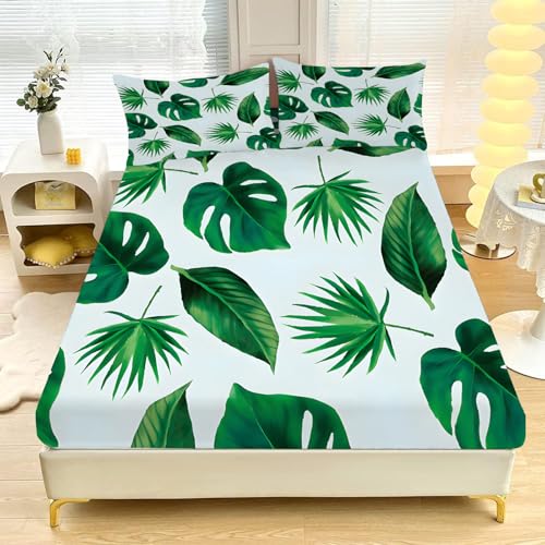 Kleines Doppelbett-Spannbettlaken ,GrüN Pflanzen Im Landhausstil Weich, Gemütlich, 3-teiliges Mikrofaser-Bettwäsche-Se t mit Tiefer Tasche, 30 cm, 120 x 190 cm, Inklusive 2 Kissenbezügen L572
