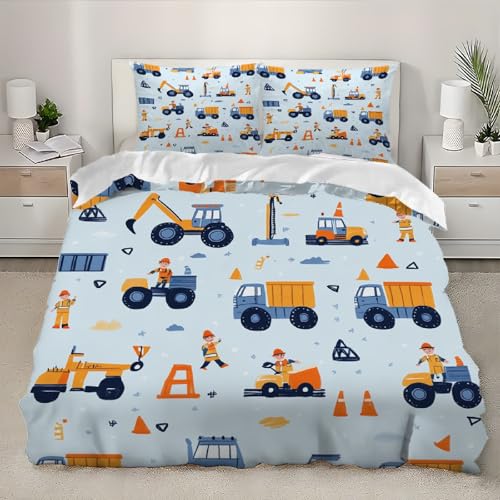 Cartoon-Baufahrzeugdruck Bettwäsche 200x200 cm 3D Bettbezug Sets Microfaser Weich Hypoallergen Atmungsaktiv Hellblau Bettwäsche-Sets 3teilig mit 2 Kissenbezug für Jungen Mädchen Teens