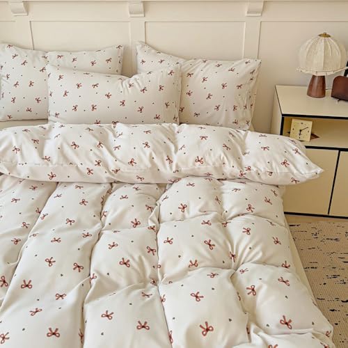 Michorinee Bettwäsche 135x200 Weiß mit Braun Schleifen und Grün Herzen Aesthetic Bettbezug Set 2 Teilig Mikrofaser Weich ÖKO-TEX Renforcé Bettwäsche-Sets mit 1 Kissenbezüge 80x80 cm und Reißverschluss