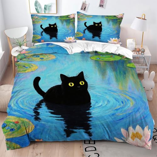 Gumntun Bettwäsche, 240 x 260 cm, 3-teilig, blau bemalte Katze, Bettwäsche in 3D-Druck, Mikrofaser, maschinenwaschbar und pflegeleicht, für 2 Personen, _B10116