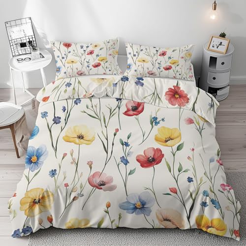 Traulpex Blumen Bettwäsche 135x220 cm 2 teilig - Blümchen Bettbezug mit 1 Kissenbezüge 80x80 cm, Bunt Blüten Bettwäsche-Sets aus Mikrofaser mit Reißverschluss