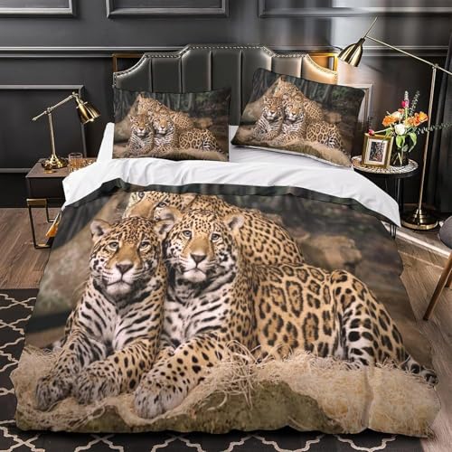 Bettwäsche 155x200 Leopard 3D Bettwäsche-Sets Wildtiere 3 Teilig Superweich Mikrofaser Bettbezug und 2 Kissenbezüg 80×80cm mit Reißverschluss k.2427