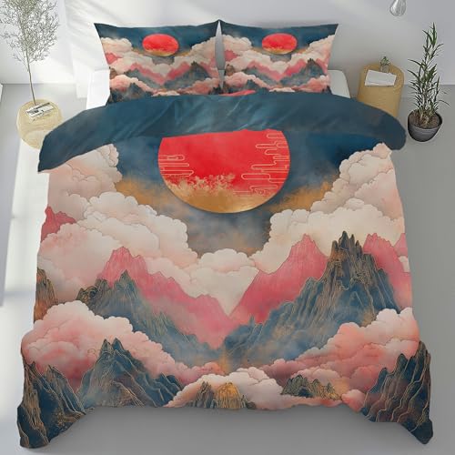 Chinesischer Stil Bettwäsche Set 2 Teilig Einzelbett, Wolke Berg Malerei Bettbezug Bügelfrei, Orientalisch Kunst Mikrofaser Bettwäsche 135x200 Weich Cozy mit Reißverschluss und 1 Kissenbezug 80x80