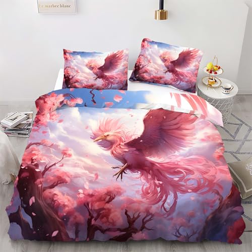WJJFA Tierischer Phönix Bettwäsche-Set 135x200cm Traumlandschaft Phönix Pink Bettwäsche Einzelbett für Kinder 3D Microfaser Baumwolle Bettbezug und Kissenbezug 80x80cm mit Reißverschluss