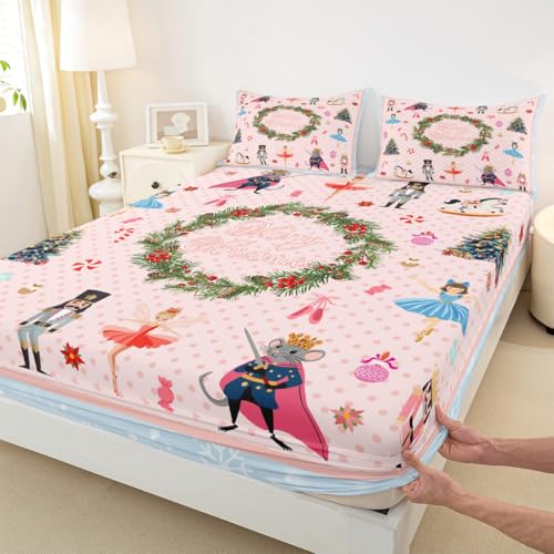 Nutcracker Weihnachten Einbaublech S Größe Kawaii Ballett Schuh Pine Soldier Drucken Bettdeckung, 1 Kissenbezug Rosa Punkte Blau Plaid Bettwäsche Set für Jungen