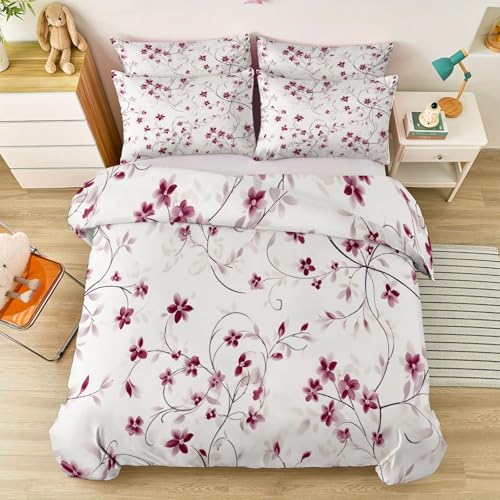 Bettwäsche 155 cm X 220 cm 3-Teilig Grau – Weiche Mikrofaser Bettwäsche Set Mit Reißverschluss, Luxuriöser Stil Blumen Ranken Atmungsaktive Deckenbezug & 2 Kissenbezüge, Pflegeleicht Weinrot