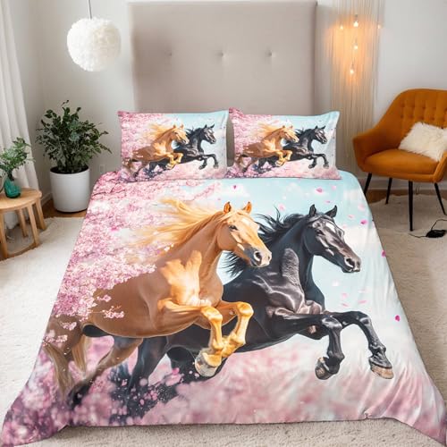 Sakura-Pferd Bettwäsche 135X200 cm Kinder Junge Mädchen 3D Effekt Bettbezug Jugendliche Bettwäsche-Set Mikrofaser Bettbezug Mit Reißverschluss Und 2 Kissenbezug 80X80Cm