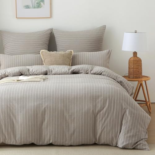 SOULFUL Bettwäsche 200x200 Baumwolle Gestreift, 100% Gewaschene Baumwolle Grau Bettwäsche-Sets mit Reißverschluss öKotex Zertifiziert Enthält 1 Bettbezug 200x200 und 2 Kissenbezüge 80x80