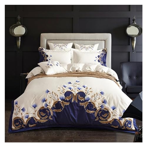 SteFik Schickes, Besticktes Luxus-Bettwäscheset aus ägyptischer Baumwolle in Weiß und Blau, Bettbezug und Kissenbezug, Alle Jahreszeiten
