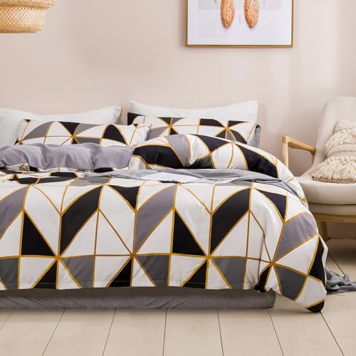 WUMIUER Geometrische Bettwäsche 135x200 Set 2 Teilig - Schwarz Grau Viereck Dreieck Muster Wendebettwäsche, 1 Bettbezug 135x200cm und 1 Kissenbezug 80x80cm aus Leicht Weich Mikrofaser