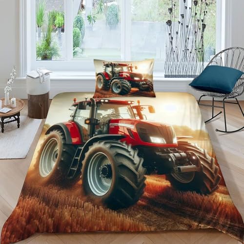 HOGDISAJD Traktor Bettwäsche Weiche Feder Landwirtschaftliche Fahrzeuge 3D Gedruckt Bettdeckenbezug Und 1 Kissenbezug Luxus Bettbezug Set 2Pcs Für Kinder Jugendliche Single?135x200cm?