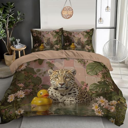 MULERN Bettwäsche Set 155x220cm, Schwimmbad Leopard Gummiente Motiv Bettwäsche 3teilig Mit ReißVerschluss,1 Bettbezug+2 Kissenbezug 80x80 cm, Tier Drucken Kinder Bettwaren