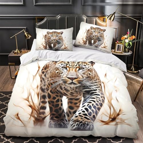VOXYTMLWG Leopard Pflegeleicht 3D-Gedruckter Bettwäsche-Set dreiteiliger Modern Animal Druck Bettdeckenbezug Zip Verschluss Atmungsaktiv for Jungen,Teen Jungen,Frauen,Teenager Single?135x200cm?