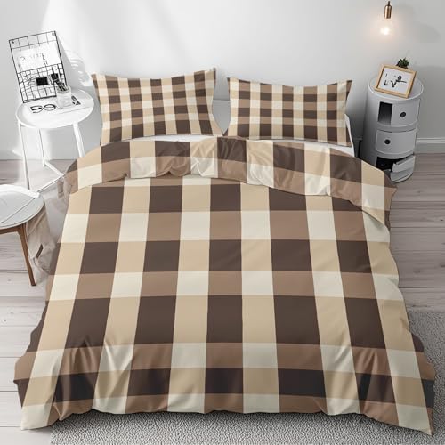 Traulpex Bettwäsche Braun Kariert 155x220 cm 3 teilig - Landhaus Karo Bettbezug Microfaser mit Bauernkaro Bettwäsche Set und 2 Kissenbezug 80x80 cm mit Reißverschluss