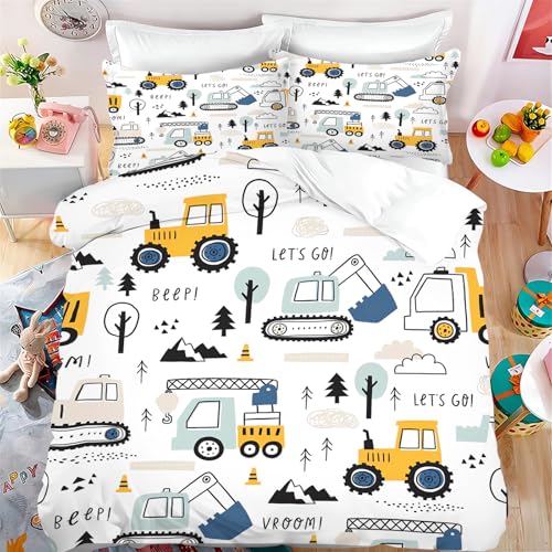 KIDSLOVE Bettwäsche-Set mit Baustellenmotiv, Bedruckt mit LKWs, Autos, Baggern und Traktoren, weiche Bettbezüge, Geschenk für Kinder, Teenager und Jungen, ganzjährig (220x240cm,Kissenbezug 80x80cm)