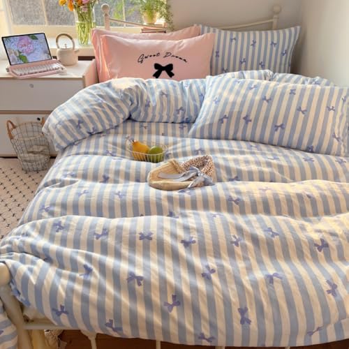Covebett Bettwäsche 135x200 Weiß Blau Streifen Schleifen Bettbezug Set Microfaser Aesthetic Kawaii Gestreift Mädchen Kuschelig Deckenbezug und Kissenbezug 80x80 mit Reißverschluss Covebett Bettwäsche 135x200 Weiß Blau Streifen Schleifen Bettbezug Set Microfaser Aesthetic Kawaii Gestreift Mädchen Kuschelig Deckenbezug und Kissenbezug 80x80 mit Reißverschluss