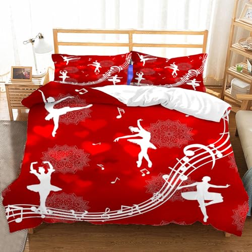 Hongduo 3D Prinzessin Ballett Bettwäsche 200x200 cm Weiche Mikrofaser Herzen Bettwäsche-Set mit Reißverschluss 3 Teilig Bettbezug Set mit 2 Kissenbezug 80x80 cm