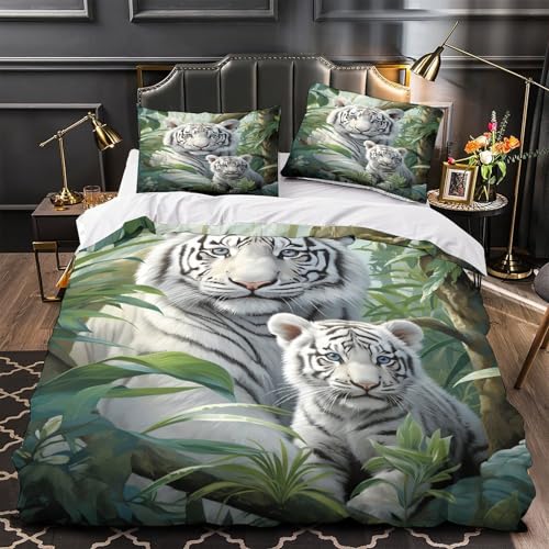 RJAVAGFZL Weiße Tigerin 3D-Druck 3er-Set Steppbezug Dschungel-Tierweltkunst Bettbezug Mikrofaser Reißverschluss Atmungsaktiv für Kleinkinder Jungen Frauen Single (135x200cm)