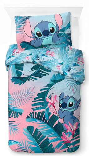 Jay Franco Disney Lilo Stitch blumige Bettwäsche für eine Person – Kinderbettwäsche Set inklusive 50 x 70 Kopfkissenbezug, maschinenwaschbare Baumwollbettwäsche