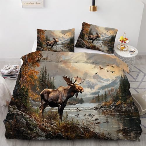RLYXGS Elch Wald Bettwäsche 135x200 Hirsch EIN Tier Kinder Bettbezug Weich Mikrofaser Bettwäsche Set 3teilig Jungen Mädchen Winter Wendebettwäsche mit Reißverschluss und 2 Kissenbezüge R1495