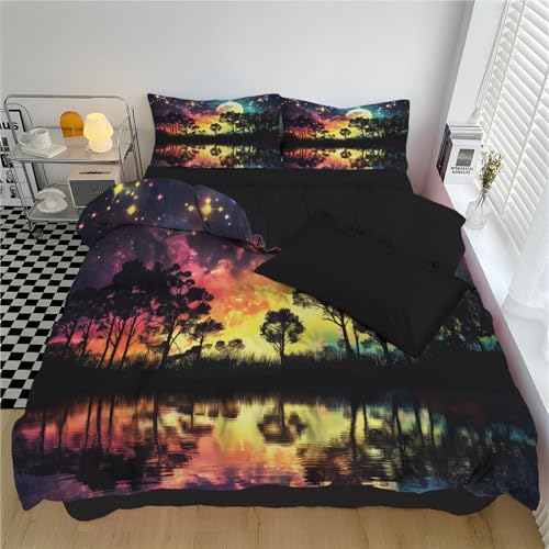 WunM Studio Bettwäsche 135 * 200cm Bunt Seereflexion Bettbezug Set 3 Teilig Waldsilhouette Blümchen Blumenmuster Weich Bettwäsche-Sets mit 2 Kissenbezüge 80x80 cm und Reißverschluss