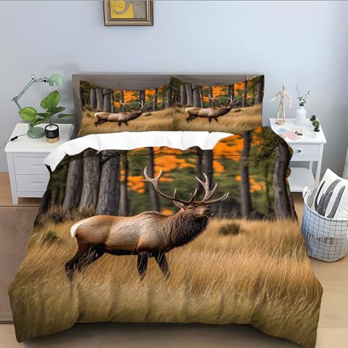 Bettwäsche 200x220 für Elch,braun Bettwäsche Set 3 Teilig, Mikrofaser Bettbezug 200x220, Bettbezüge mit Reißverschluss Schließung und 2 Kissenbezug 80x80 cm-Tier A296