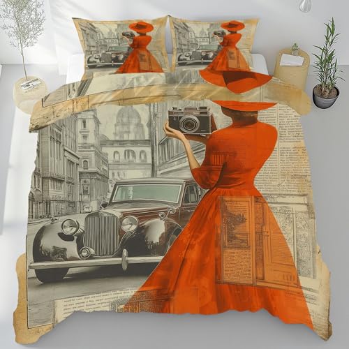 Bettwäsche 135x200 Alte Zeitung 3teilig Bettbezugmit, Vintage Auto Wendebettwäsche, Stadt Architektur Mit Reißverschluss Bedding Und 2 Kissenbezüge 80x80?sf80?