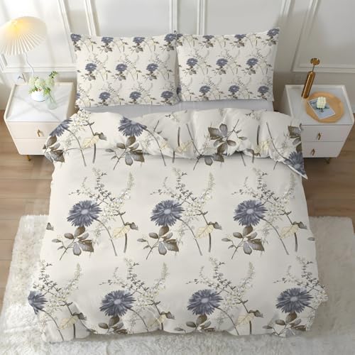 Linfye Grau Blumen Bettwäsche 135x200 cm Beige Pflanze Bettwäsche-Sets Kinderbettwäsche Braun Blätter Bettbezug 135 x 200, Weich Mikrofaser Bettbezüge mit Reißverschluss + 2 Kissenbezug 80x80 cm