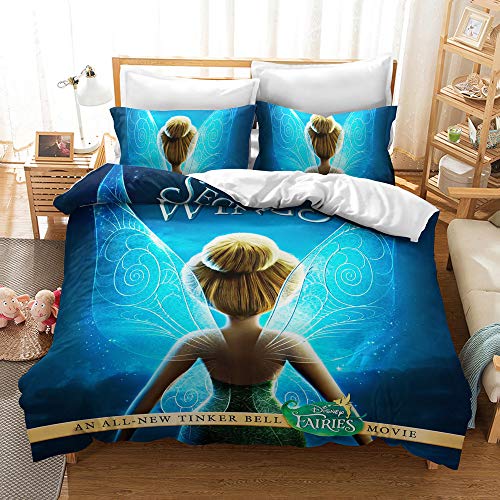 YINGD Bettbezug, Tinkerbell, hochwertige bedruckte Mikrofaser, 3-teiliges Bettwäsche-Set, modernes Design mit angenehmer Weichheit, 140 x 200 cm
