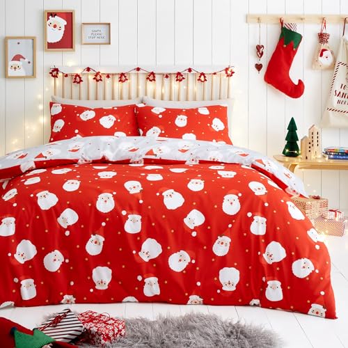 Fusion - Roter Weihnachtsmann-Bettbezug – Doppelbettgröße (200 x 200 cm) – Weihnachtsmann-Bettwäsch e – wendbares Design (grau/rot) – Jolly Santa Bettwäsche-Set – Weihnachts-Bettwäsche-Se t –