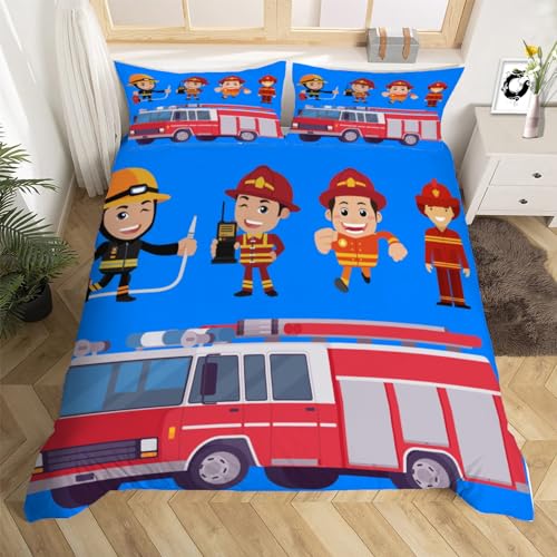 3D Feuerwehrauto Fahrzeug Muster Bettwäsche 155x220 Feuerwehr Weiche Microfaser Bettwäsche-Sets Bettbezug mit Reißverschluss und 2 Kissenbezug 80x80 cm