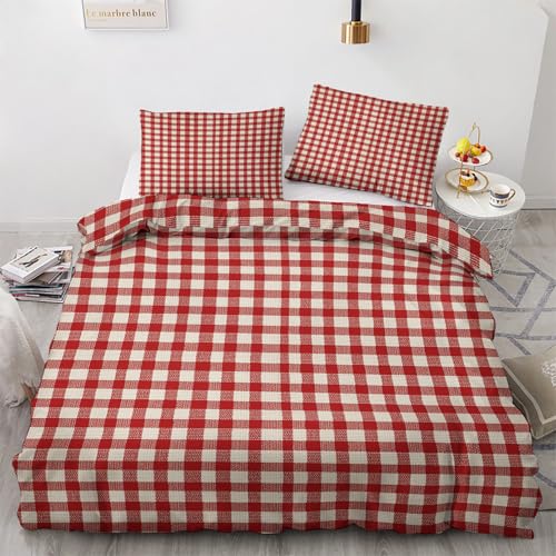 Venivici Kariert Bettwäsche 200x200 Winter - Rot Weiß Karo Bettbezug 200x200 3 Teilig, Weiche & Angenehme Mikrofaser Bettbezüge & 2 Kissenbezug 80x80, Bettwäsche-Sets mit Reißverschluss