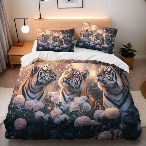 SJSXWQN Bettwäsche 135x200 SüßEr Tiger Bettwäsche-Set mit Reißverschluss Schließung für Kinder Mädchen Weicher Atmungsaktive Mikrofaser Bettbezug + 2 Kopfkissenbezug 80x80 cm