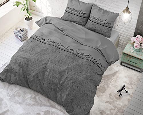 Sleeptime Bettwäsche 3teilig 240cm x 220 cm - Gute Nacht Mein Liebling - weich & bügelfrei Bettbezüge mit Druckknöpfe - graue Bettwäsche Set aus Baumwolle - 2X Kissenbezug 60x70cm